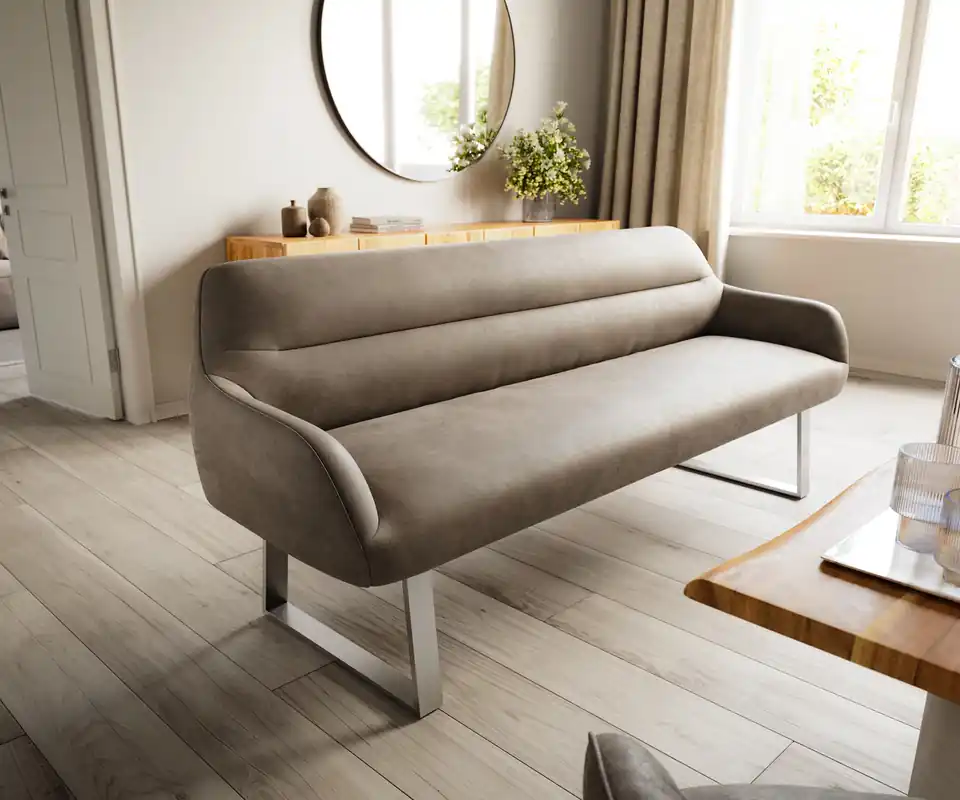 Saisonangebot Esszimmerbank Taya-Flex 200 cm Mikrofaser Taupe Vintage Kufengestell kantig Edelstahl Taschenfederkern