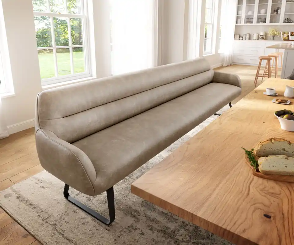 Kracherpreis Esszimmerbank Taya-Flex 300 cm Mikrofaser Beige Vintage Kufengestell flach Schwarz Taschenfederkern