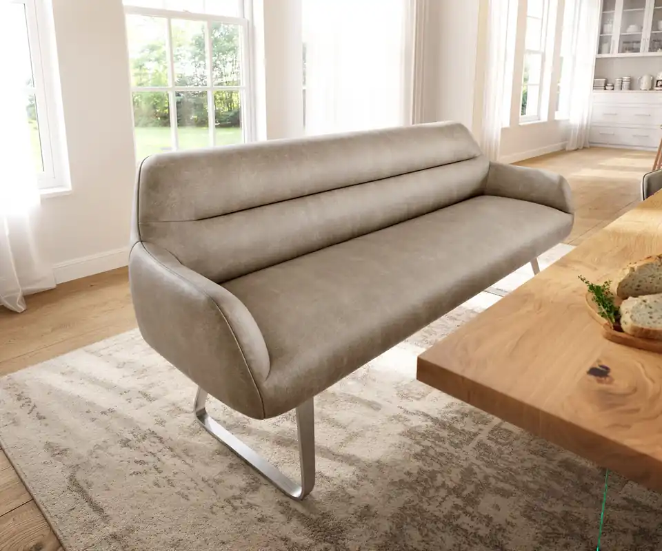 Esszimmerbank Taya-Flex 200 cm Mikrofaser Beige Vintage Kufengestell flach Edelstahl Taschenfederkern Knallerangebot