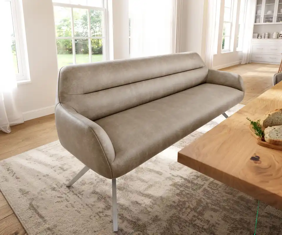 Esszimmerbank Taya-Flex 200 cm Mikrofaser Beige Vintage Kreuzgestell kantig Edelstahl Taschenfederkern Heißes Angebot