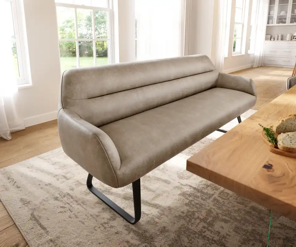 Esszimmerbank Taya-Flex 200 cm Mikrofaser Beige Vintage Kufengestell flach Schwarz Taschenfederkern Preis Gesenkt