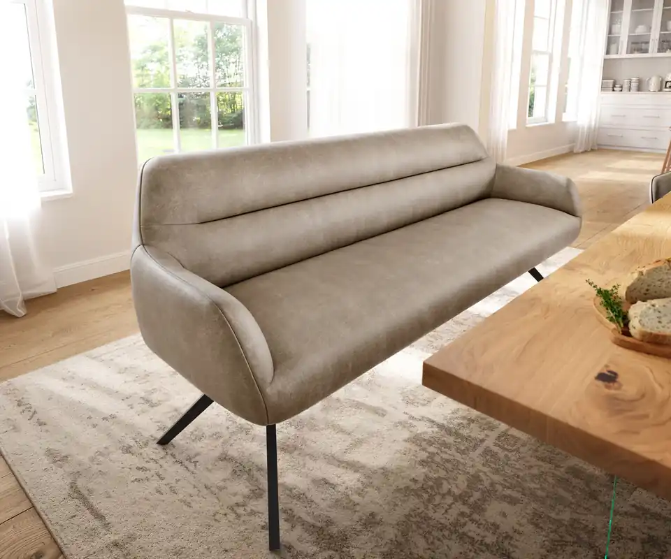 Direktkauf Esszimmerbank Taya-Flex 200 cm Mikrofaser Beige Vintage Kreuzgestell kantig Schwarz Taschenfederkern