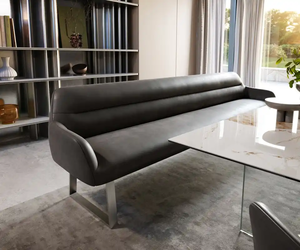 Esszimmerbank Taya-Flex 300 cm Mikrofaser Anthrazit Vintage Kufengestell kantig Edelstahl Taschenfederkern Nur Heute