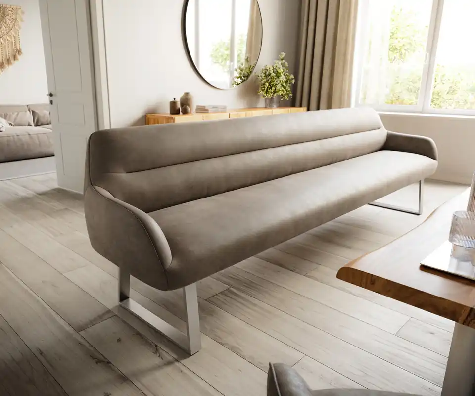 Esszimmerbank Taya-Flex 300 cm Mikrofaser Taupe Vintage Kufengestell kantig Edelstahl Taschenfederkern Aktuell